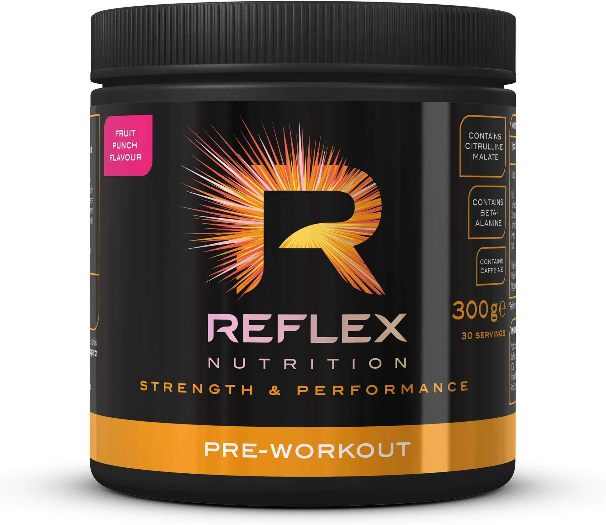Reflex Pre Workout Powder 3000 mg Citrulline Malate 1600 mg Beta-Alanine 125 mg Caffeine Plus B Vitamins and Electrolytes (Fruit Punch) (300 g)