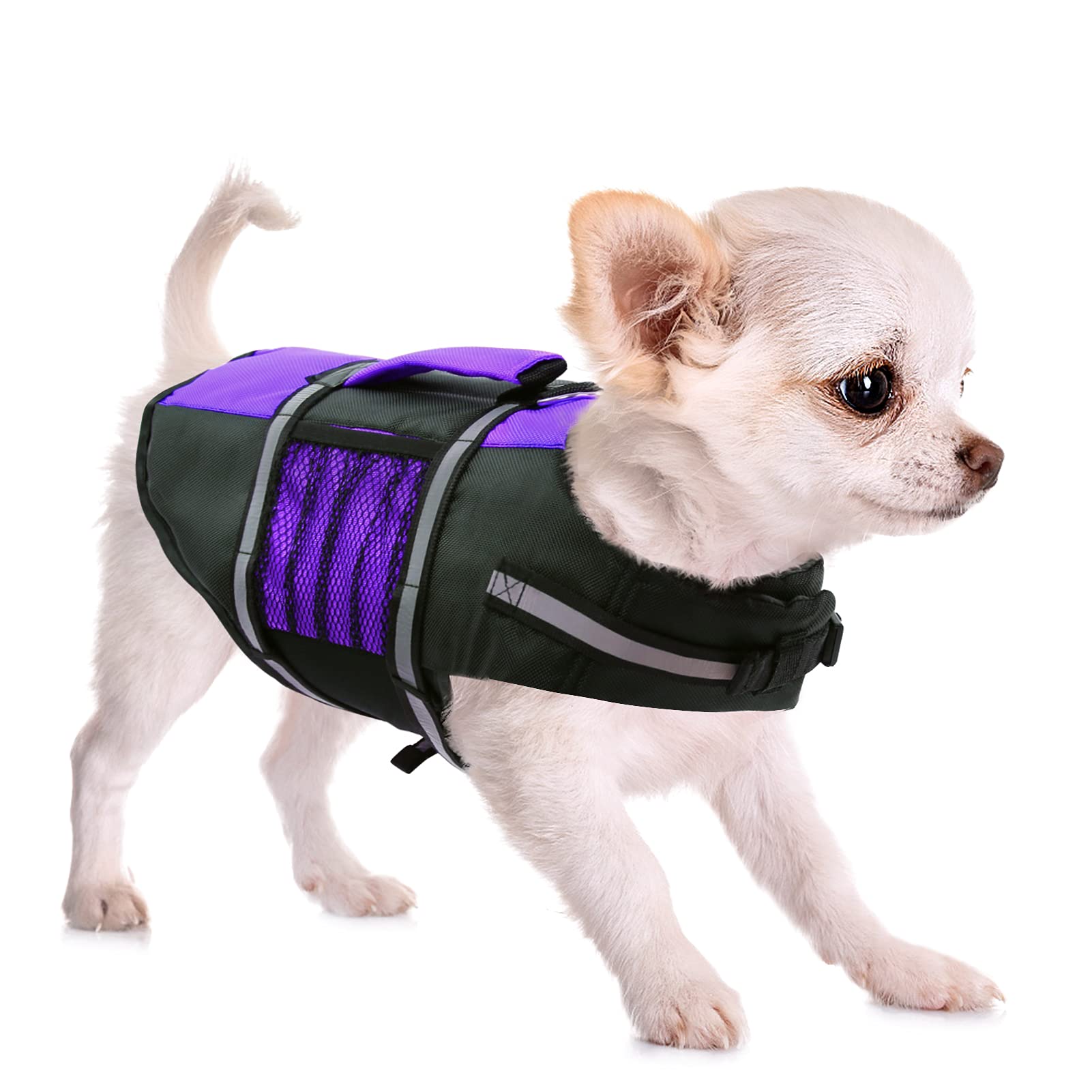Queenmore Small Dog Life Jacket, Adjustable Pet Life Vest for Small and Medium Dogs with High Buoyancy, Rescue Handle, Reflective Bands for Boating, Canoeing, Swimming