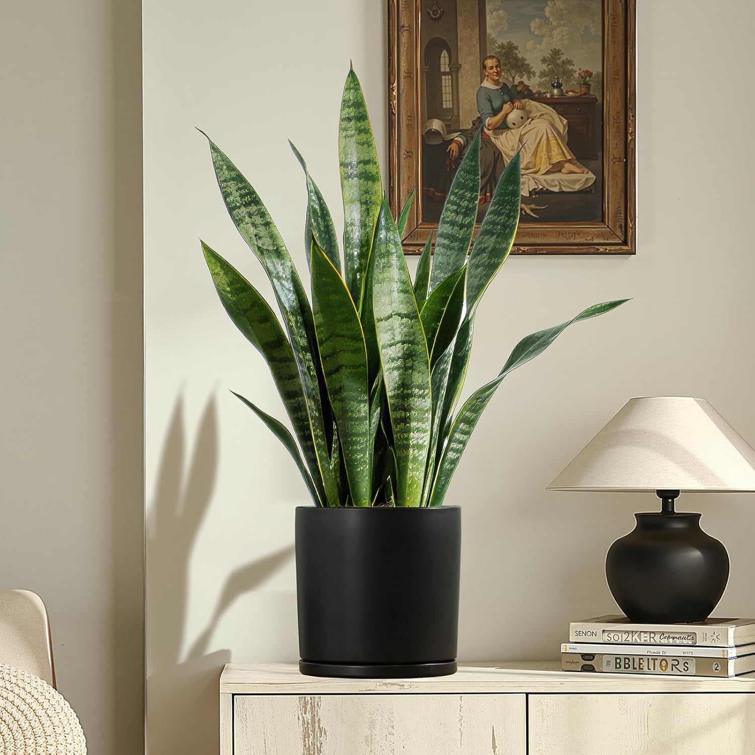 Kazeila 10 Inch Ceramic Planter Pot with Drainage Hole & Tray, Large Indoor Plant Pots, Modern Cylinder Flower Pot, Includes Mesh Net, Plug, Pads & 500g Clay Pebbles (Black, 10 Inch)