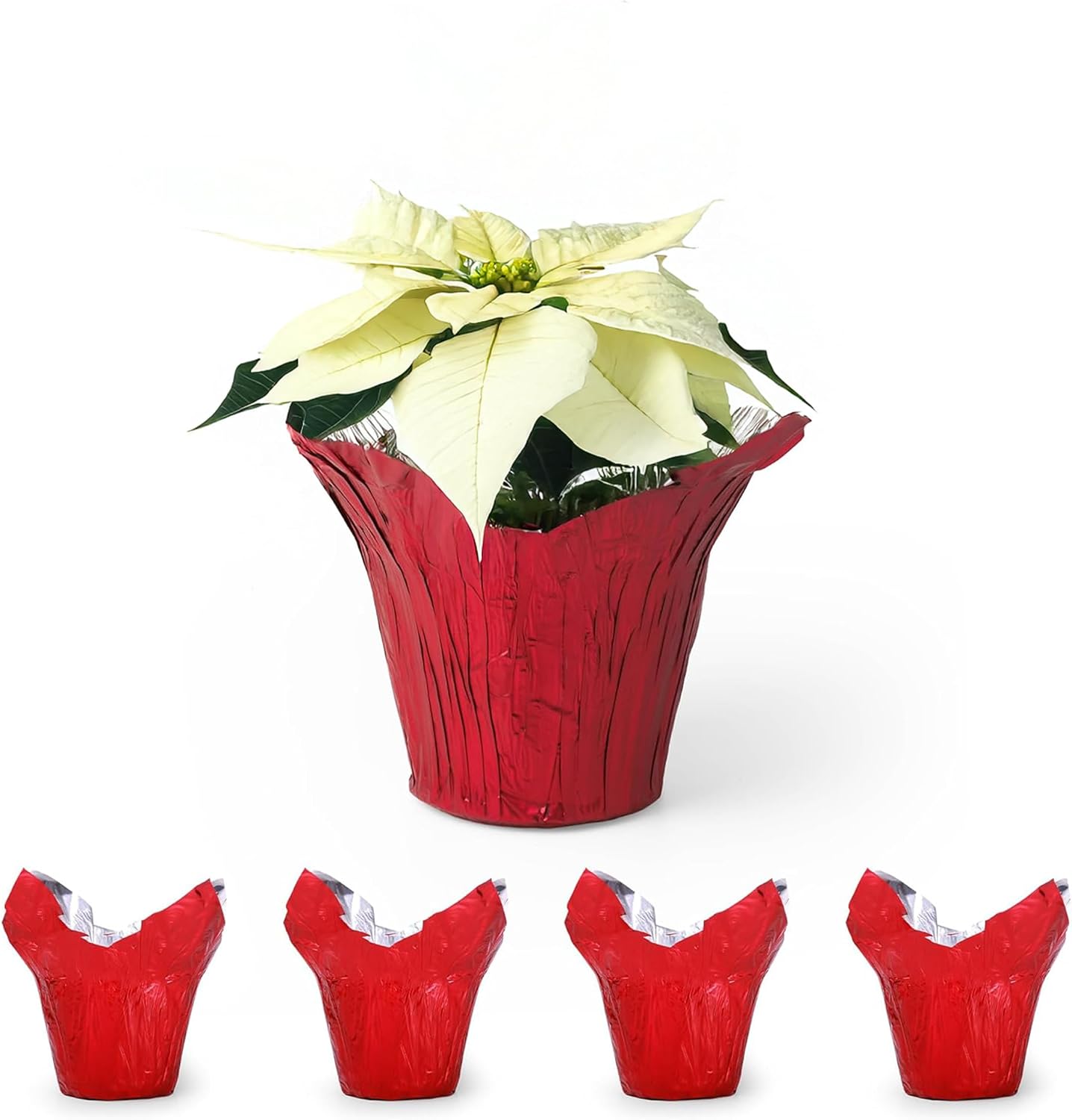 6” AZA Plant Pot Covers, Decorative Plant Sleeve for Indoor & Outdoor House Plants, Reusable and Gift-Ready Foil Wrap for Flower Pots, Red Metallic, Pack of 5