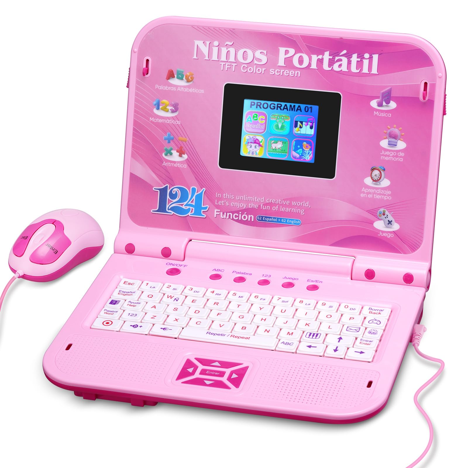 Kids Laptop, Color Screen Bilingual Laptop Spanish/English with 124 Learning Modes, Computer for Kids Ages 5+