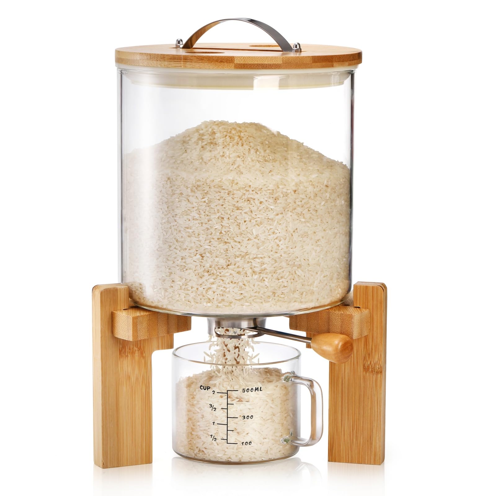5L Glass Rice Dispenser, Cereal Container with Bamboo Stand, Large Airtight Food Storage Bin, Rice Organization Tank with Measuring Cup for Grain Coffee Beans Dry Food