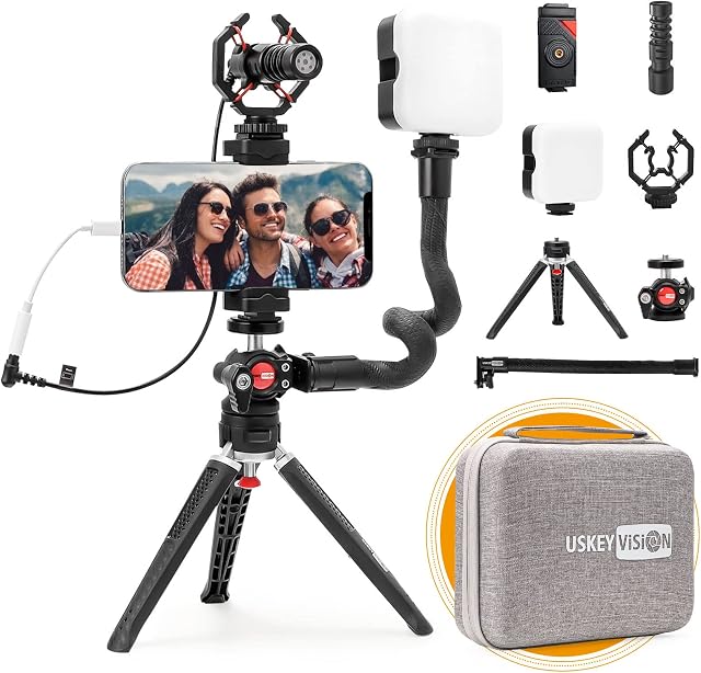 USKEYVISION Smartphone Video Vlogging Kit with Video Microphone+Phone Holder+Video Light+Adjustable Grip+Metal Tripod+360° Ball Head, Comptible with iPhone & Smartphones(V-Master)