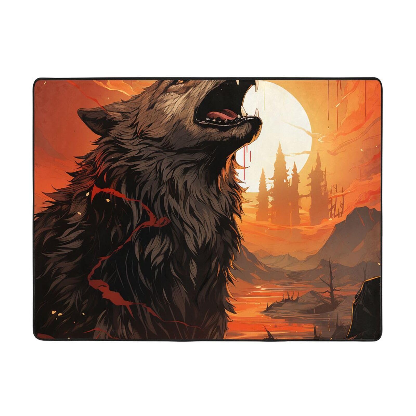 Tapis loup hurlant 120x160 cm imprimé lune antidérapant et lavable