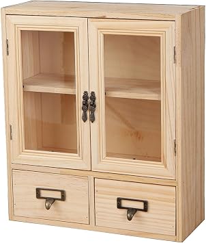 Narrow Vintage Pine Apothecary Cabinet 2 Door 2 Drawer Burlywood | 12"L4.7"W14"H narrow pine cabinet w/acrylic doors, compact countertop spice & medicine organizer, burlywood pine finish