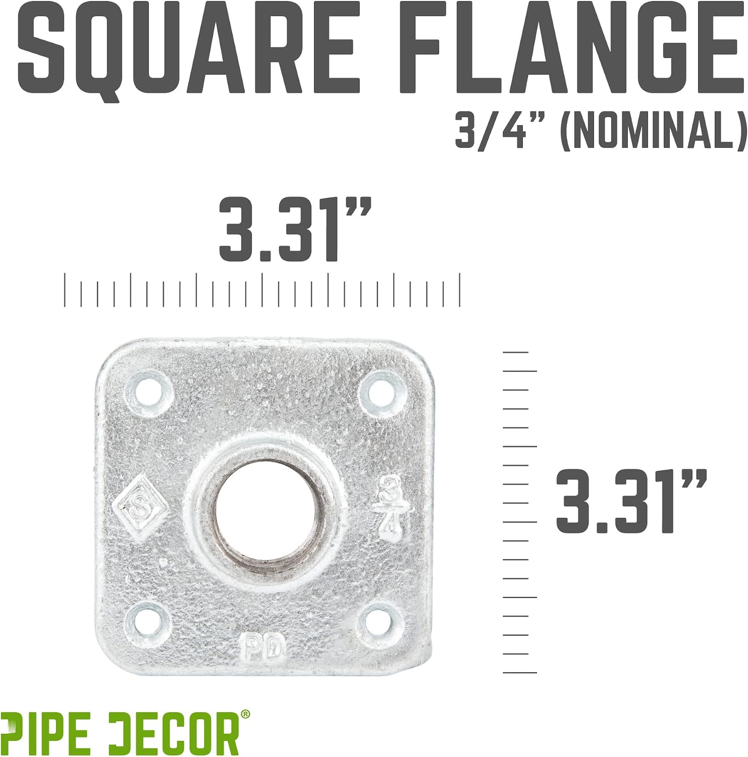 PIPE DECOR 3/4 in. Square Floor Flange, Authentic Galvanized Malleable Iron, 4 Pack, for DIY Pipe Shelving and Furniture Building