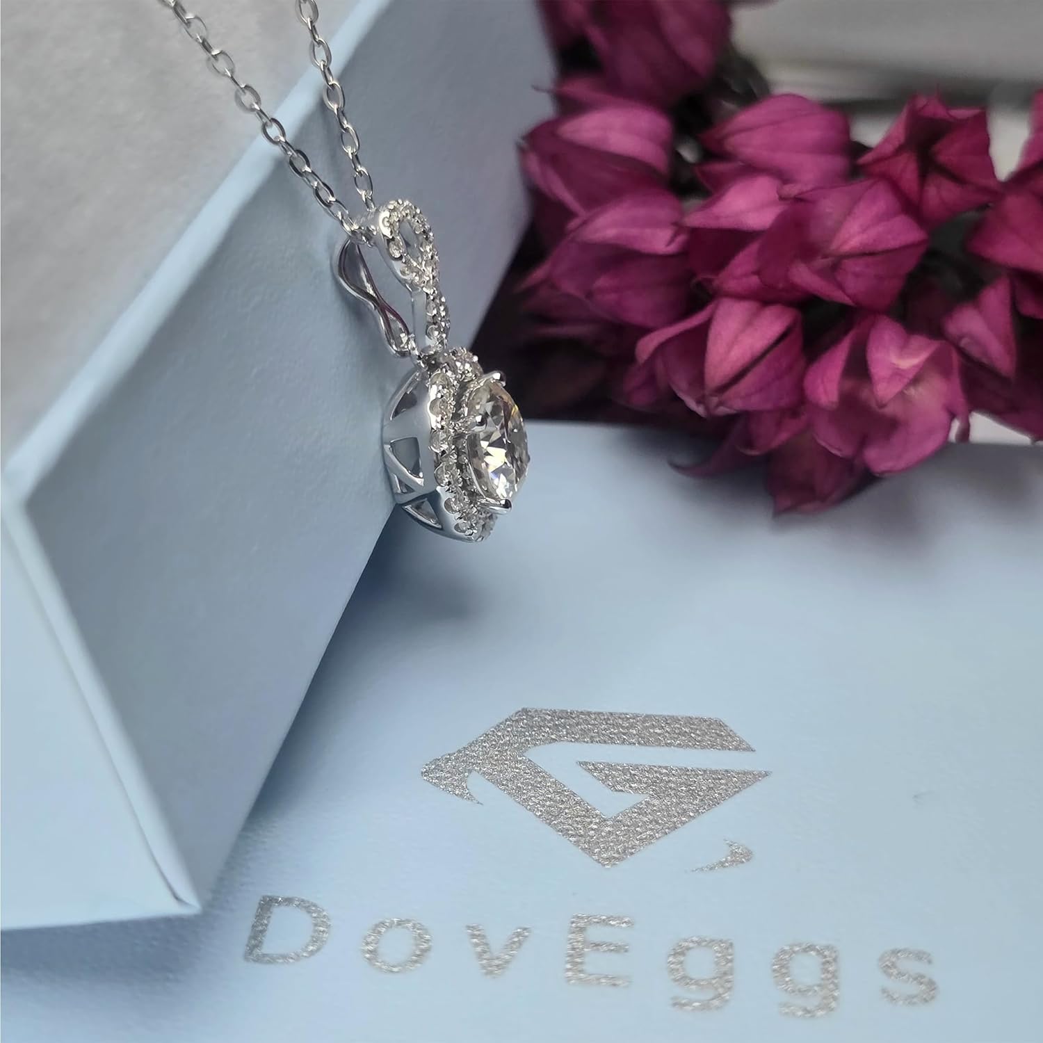DovEggs 2ct Round Cut Moissanite Pendant Necklace for Women Halo 8mm F-G-H Color VVS1 925 Sterling Silver 18K White Gold Plated Solitaire Pendant with Chain Anniversary Birthday