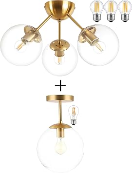 Bagood Globe Semi Flush Mount Ceiling Light Clear Glass with Brass Finish&Mid-Century Modern Semi Flush Mount Ceiling Light 3 Lights Clear Glass Modern Globe Ceiling Light for Hallway Kitchen