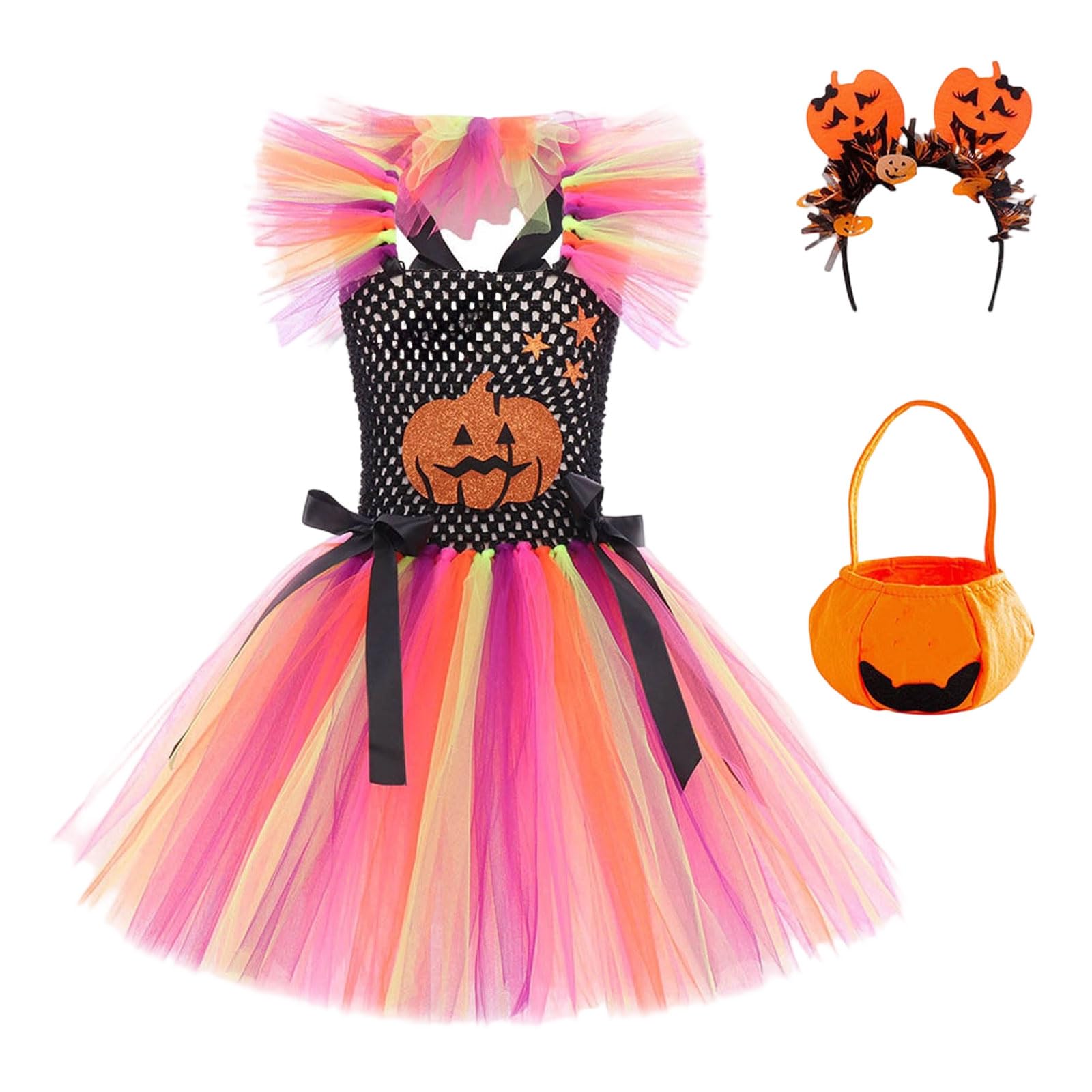 Halloween Cosplay Costume Kids Girls Witch Dresses with Hat, Bag and Magic Wand 4 Piece Set, Witch Dress Up Outfit for Girls, Kids Fancy Dress for Carnival Party Halloween Cosplay
