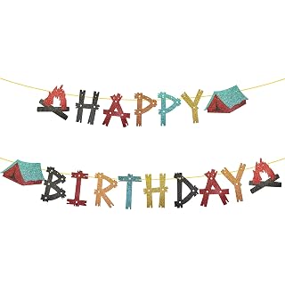 Festiko®Camping Happy Birthday Banner,Glittery Camping Birthday Banner, Camping Birthday Party Decorations, Boys Girls Camping Birthday Party Supplies Indoor Outdoor Home Yard Campsite Birthday Decor