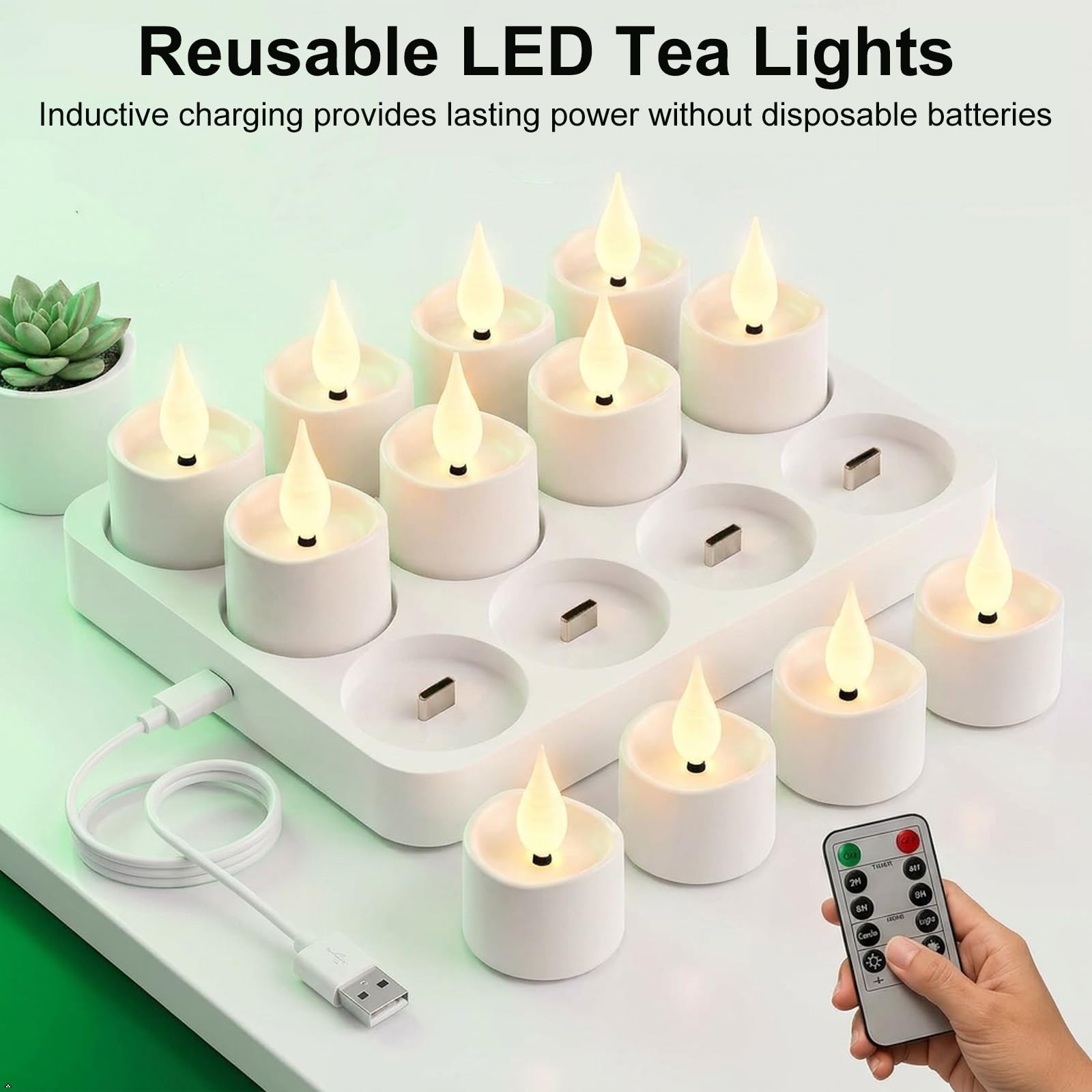 Aourow Wiederaufladbare LED Flammenlose Teelichter, 12er Pack | Realistische Kerzen, Batteriebetrieben mit 50+h Laufzeit, Rauchfrei & Tropffrei, Deko für Hochzeit, Party & Weihnachten