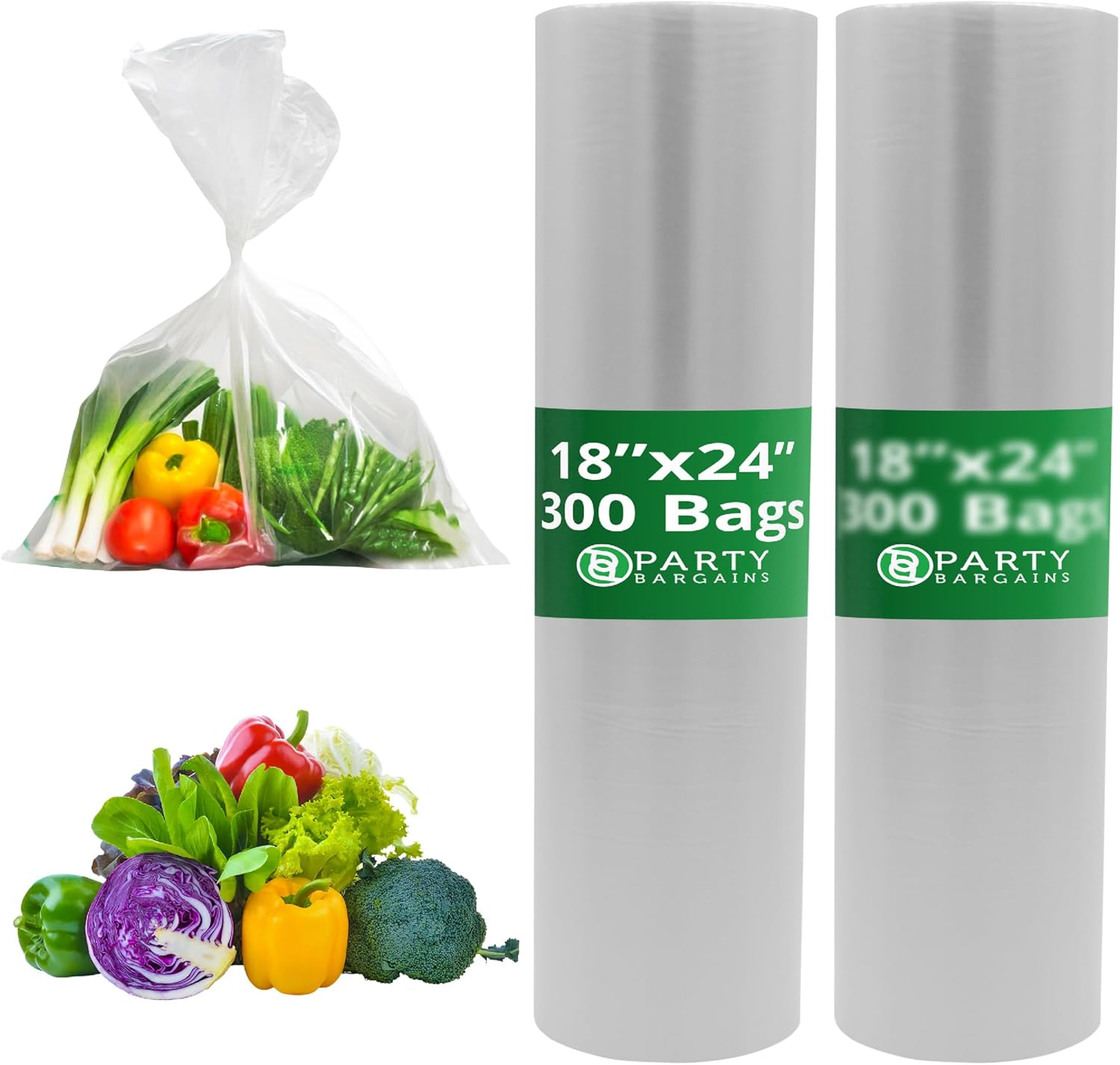 PARTY BARGAINS 18 x 24 Inch Clear Plastic Produce Bags on a Roll, 600 Count – Food-Grade Polyethylene Grocery Bags for Fruits, Vegetables, Bread & Kitchen Storage