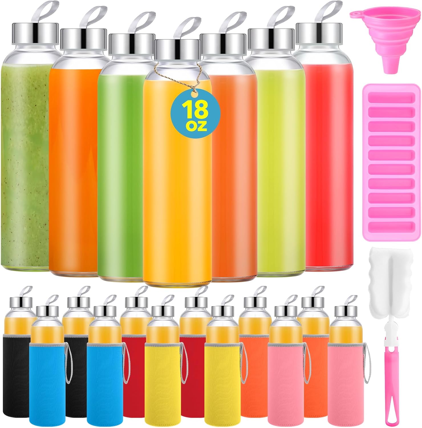 Vesici 12 Set 18 oz Clear Glass Water Bottles with Lids Reusable Glass Juicing Bottles with Colorful Protection Sleeve and Stainless Steel Leak Proof Lids for Milk Smoothie Juice Beverage Tea