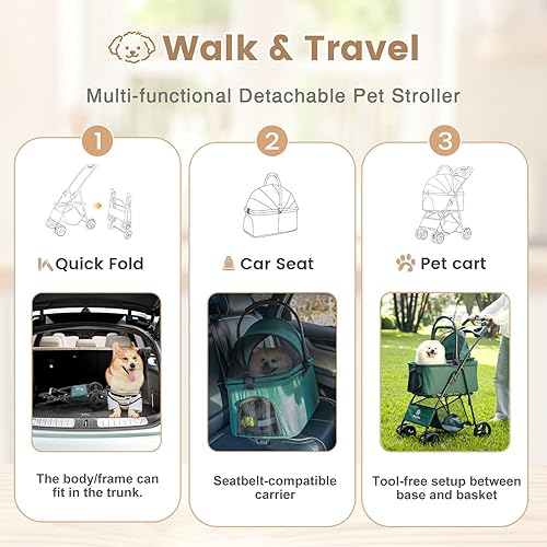 Miniatura 2 de Cochecito para mascotas, carrito de paseo para mascotas de 4 ruedas para perros y gatos medianospequeños, cochecito plegable para perros con soporte