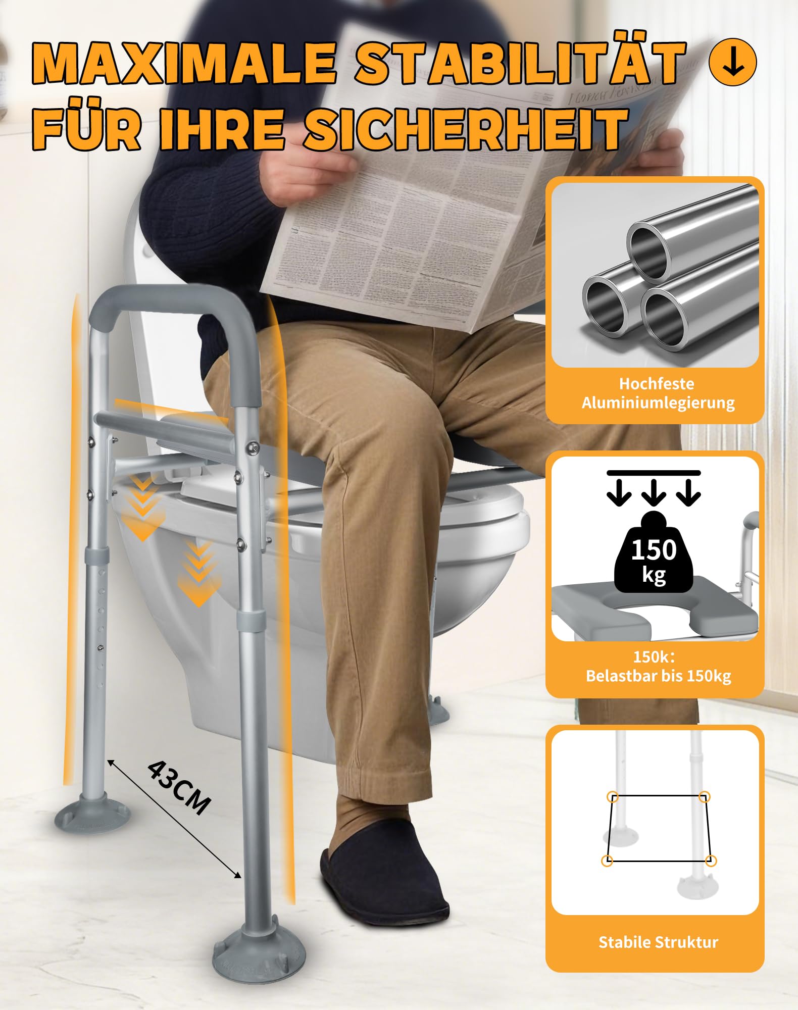 Podwyższenie deski sedesowej z podłokietnikami, regulacja wysokości siedziska – ergonomiczna pomoc w wstawaniu dla seniorów, kobiet w ciąży i osób z ograniczoną mobilnością, antypoślizgowe