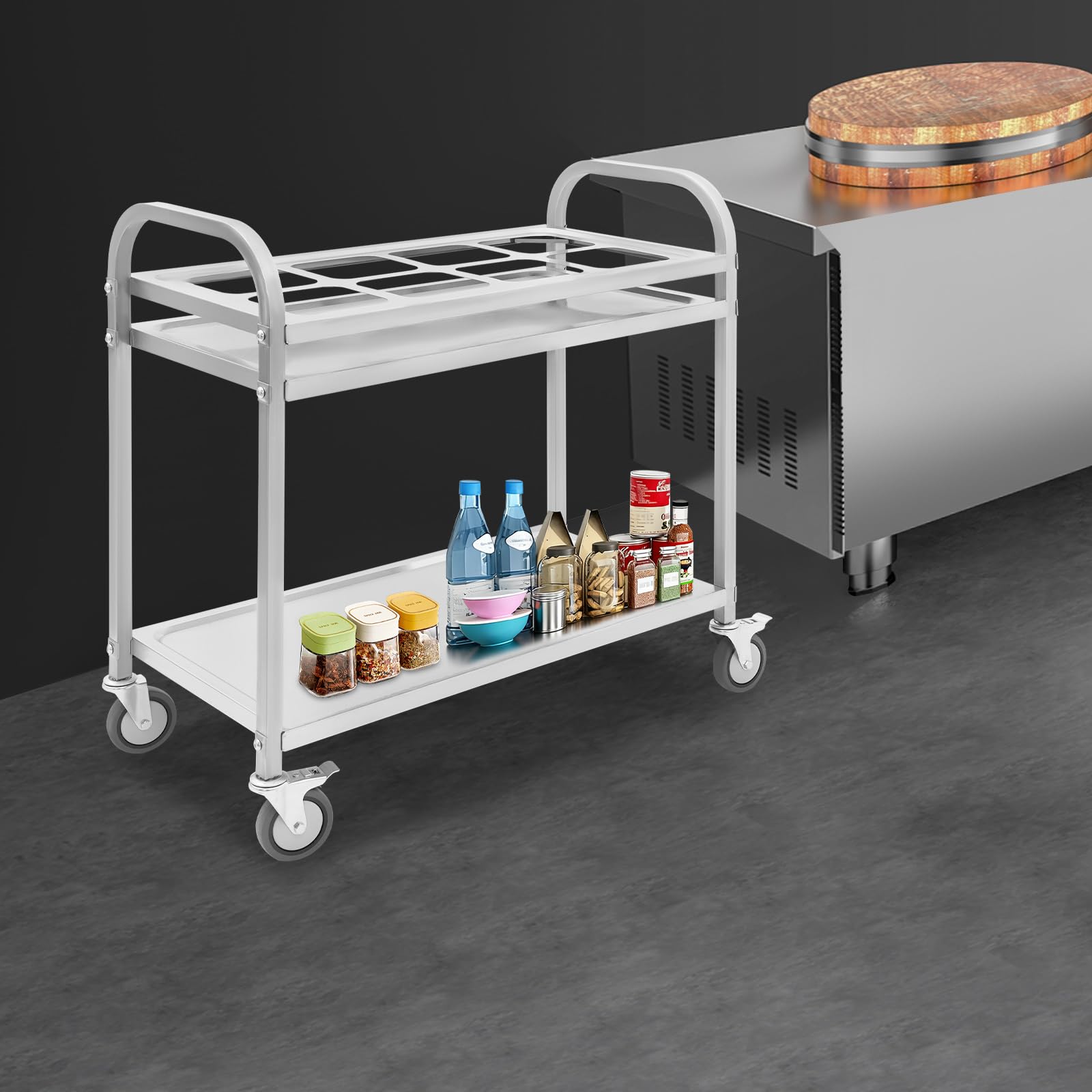 Carro de servicio de acero inoxidable 201 para especias, carrito de servicio con ruedas con 8 compartimentos, para restaurante y hotel, para camareros y personal de cocina