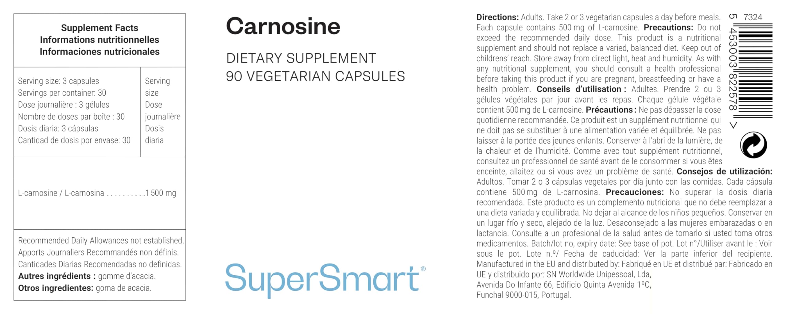 Carnosin (L-Carnosin) - Hilft, Glykierung zu Reduzieren - Zellschutz - Anti-Ageing Wirkung - Vegan - Glutenfrei - SuperSmart