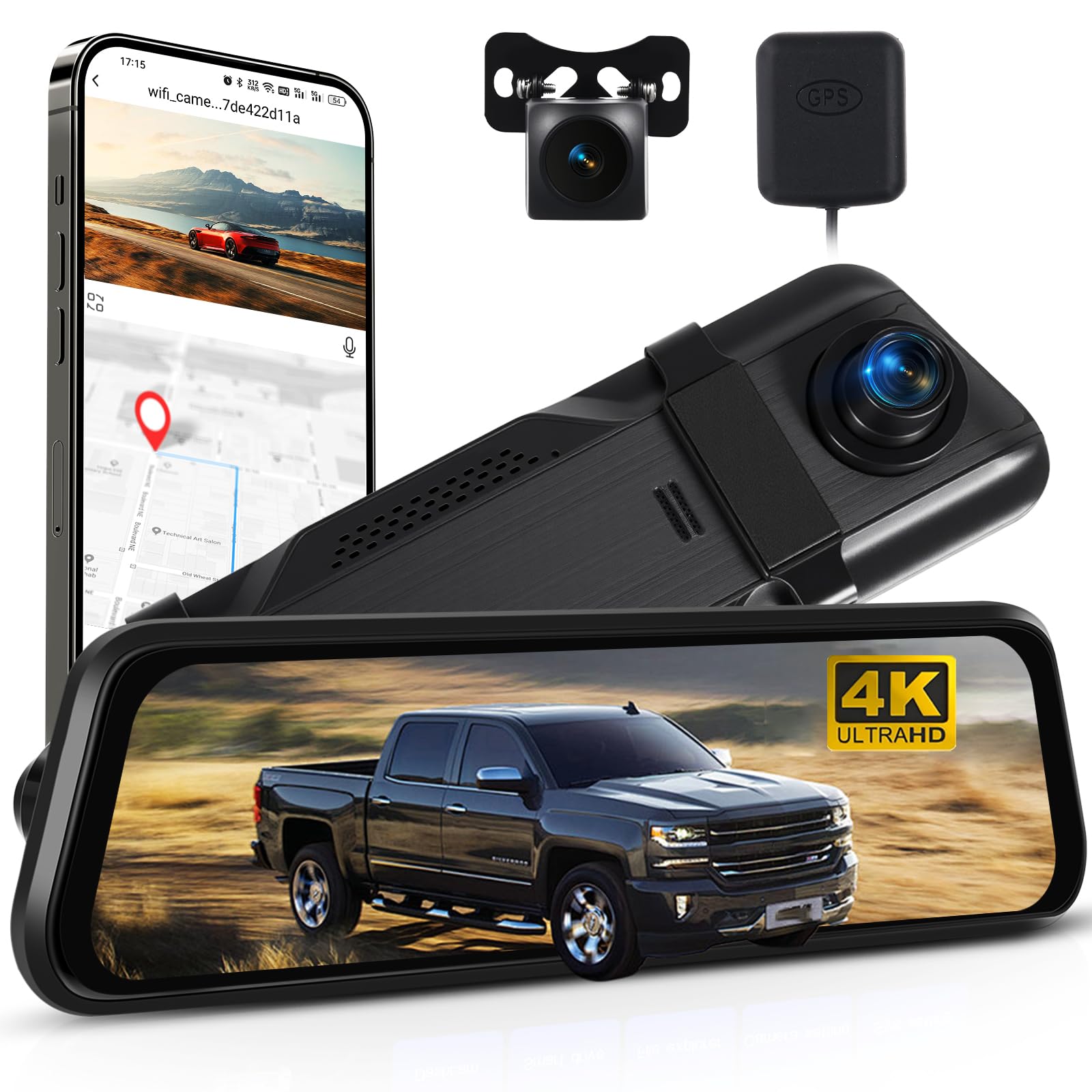 Rimoody 4K Espejo Retrovisor Coche Dash CAM Cámara 9.66 Pulgadas Pantalla Táctil IPS Dashcam Vista Delantera y Trasera Cámaras/Visión Nocturna HDR/GPS/WiFi y App Control/BSD y ADAS/Loop Video/Sensor G