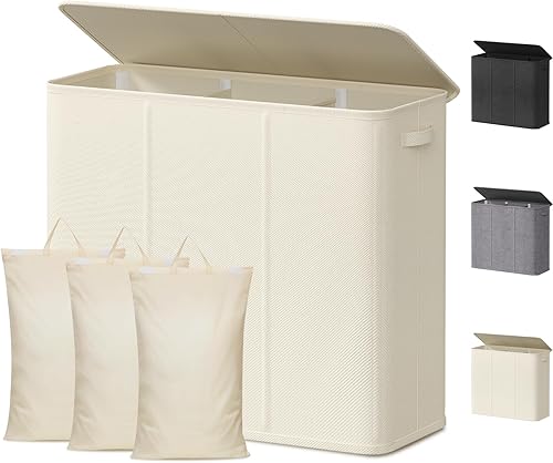 Miniatura 29 de Lifewit Cesta de lavandería doble con tapa y bolsas de lavandería extraíbles, gran plegable, 2 divisores, cesta de ropa sucia con asas para Negro