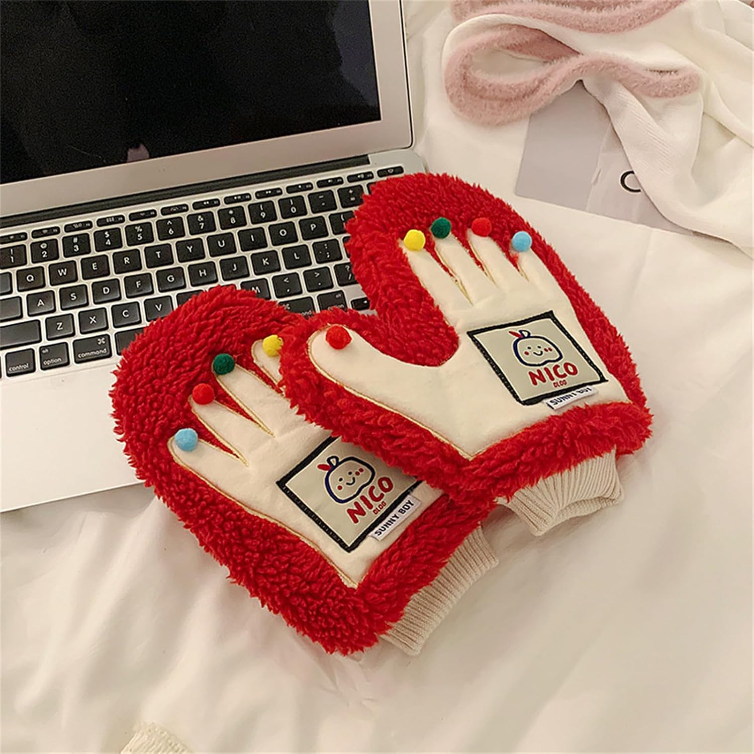 Colorful Pompoms Furry Gloves Cute Thick Stylish Furry Theme Winter Warm Full Finger Cute Gloves For Girls