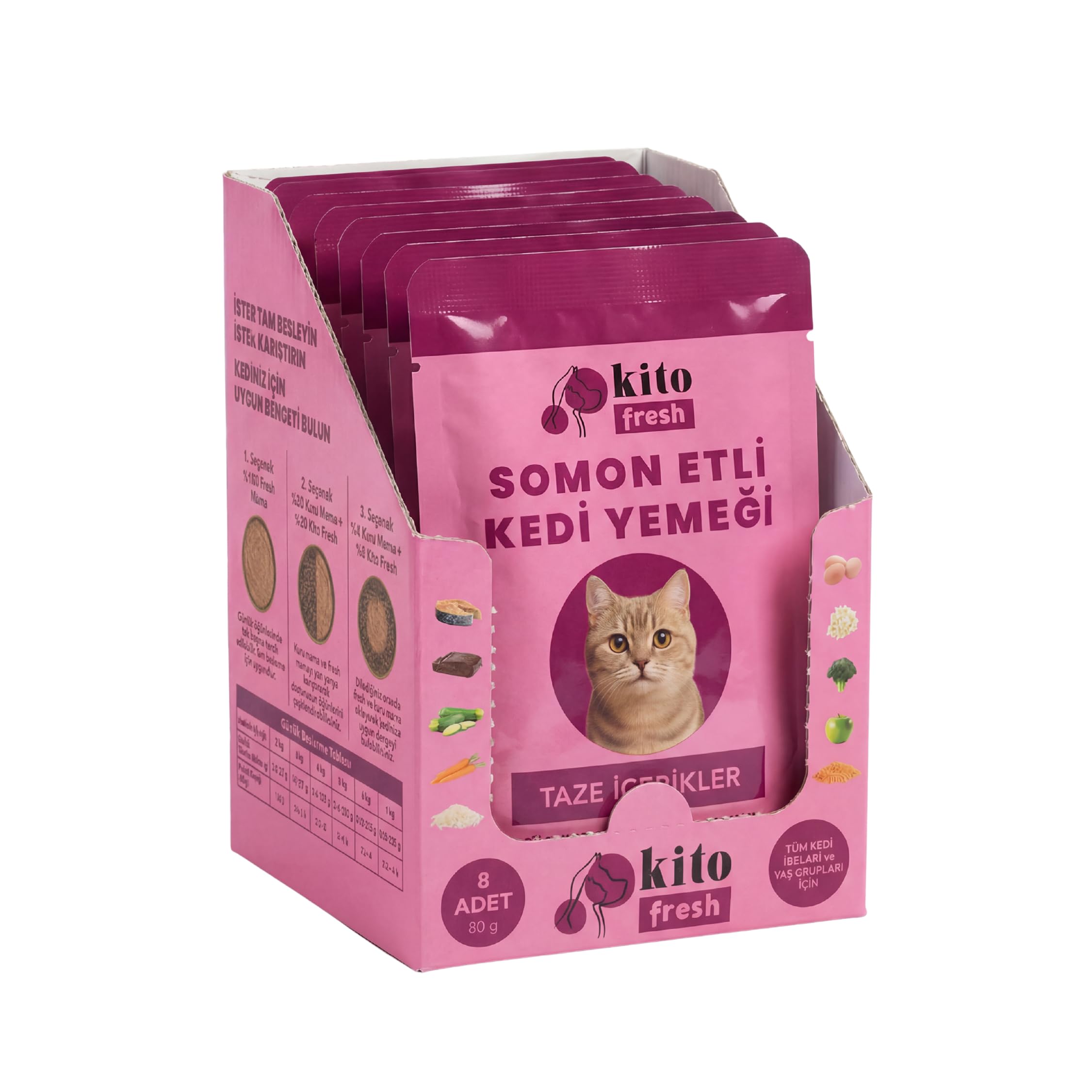Kito Fresh Somonlu Kedi Yemeği%100 Taze İçerikli Mama 80 g x 8 Adet