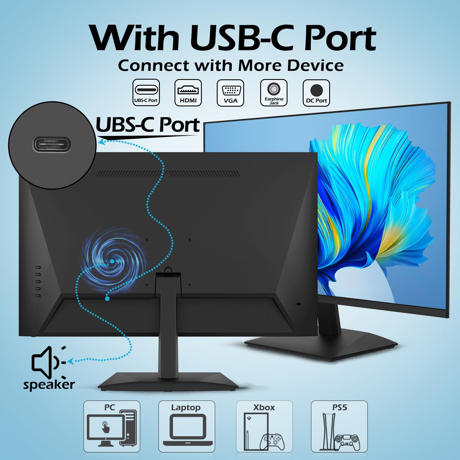 Smart Tech Monitor 24 Zoll, Business PC Bildschirm mit Lautsprecher, IPS Panel, FHD Monitor 1080p, Adaptive-Sync, 4ms, Eye Comfort, VESA 75x75, USB-C HDMI1.4 VGA