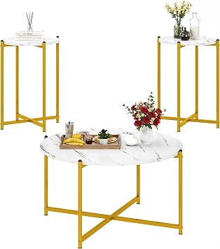 DKLGG Round Coffee Table Set of 3, Modern Faux Marble Coffee Table and 2 End Table Sets, 3-Piece White and Gold Living Room Table Set