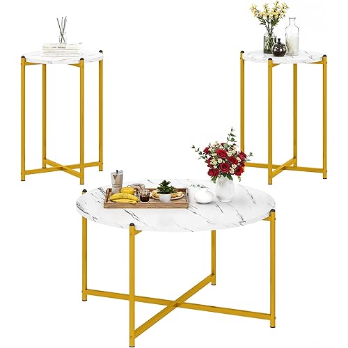DKLGG Coffee Table Set of 3, Round Faux Marble Coffee Table and 2 End Tables Set for Living Room, Modern White and Gold Coffee Tables 3-piece Set