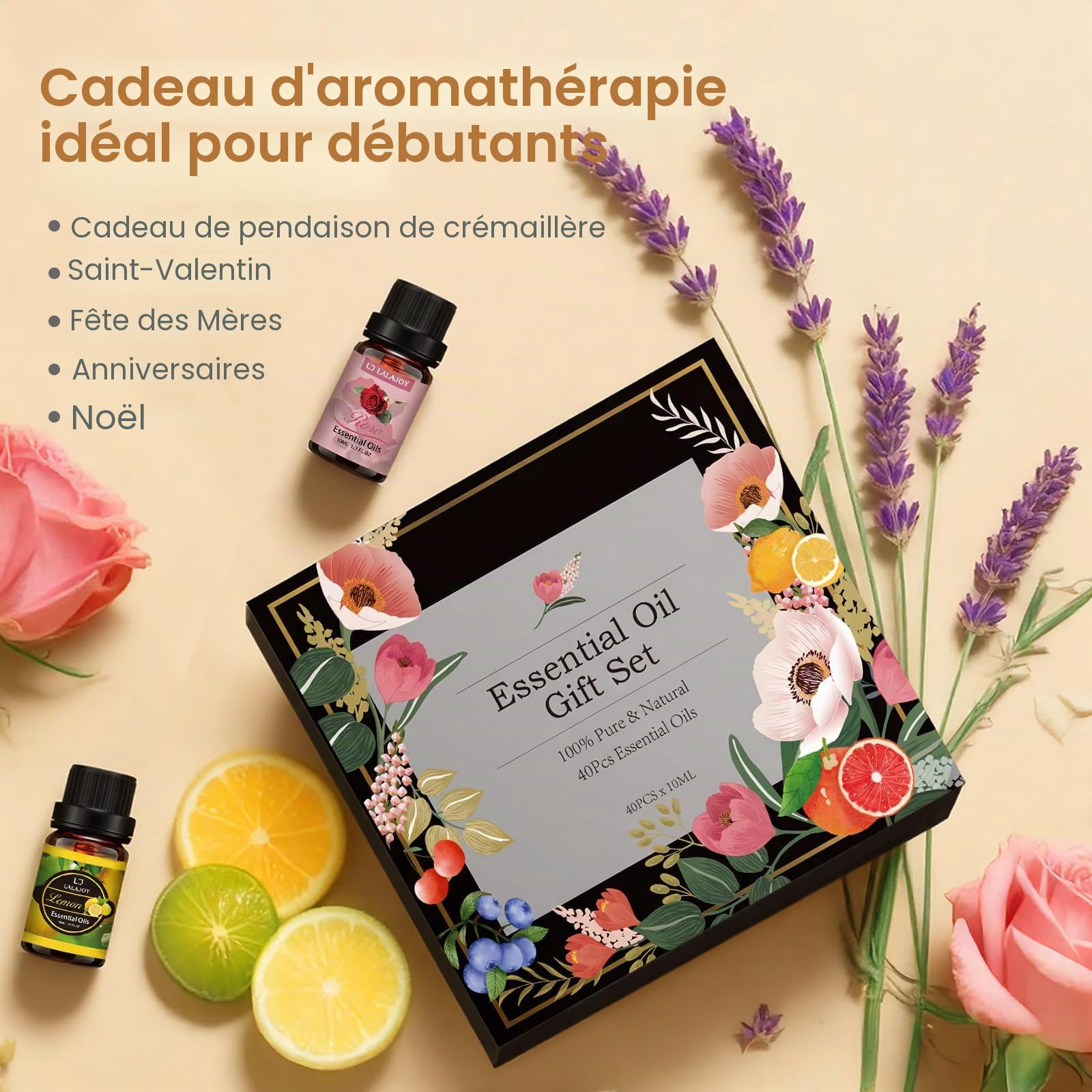 Kit Huiles Essentielles - 40 x 10 ML Huile Essentielle Aromathérapie Pures & Naturelle, pour Diffuseur, Massage, Bougies, Yoga, Aromathérapie et Humidificateurs