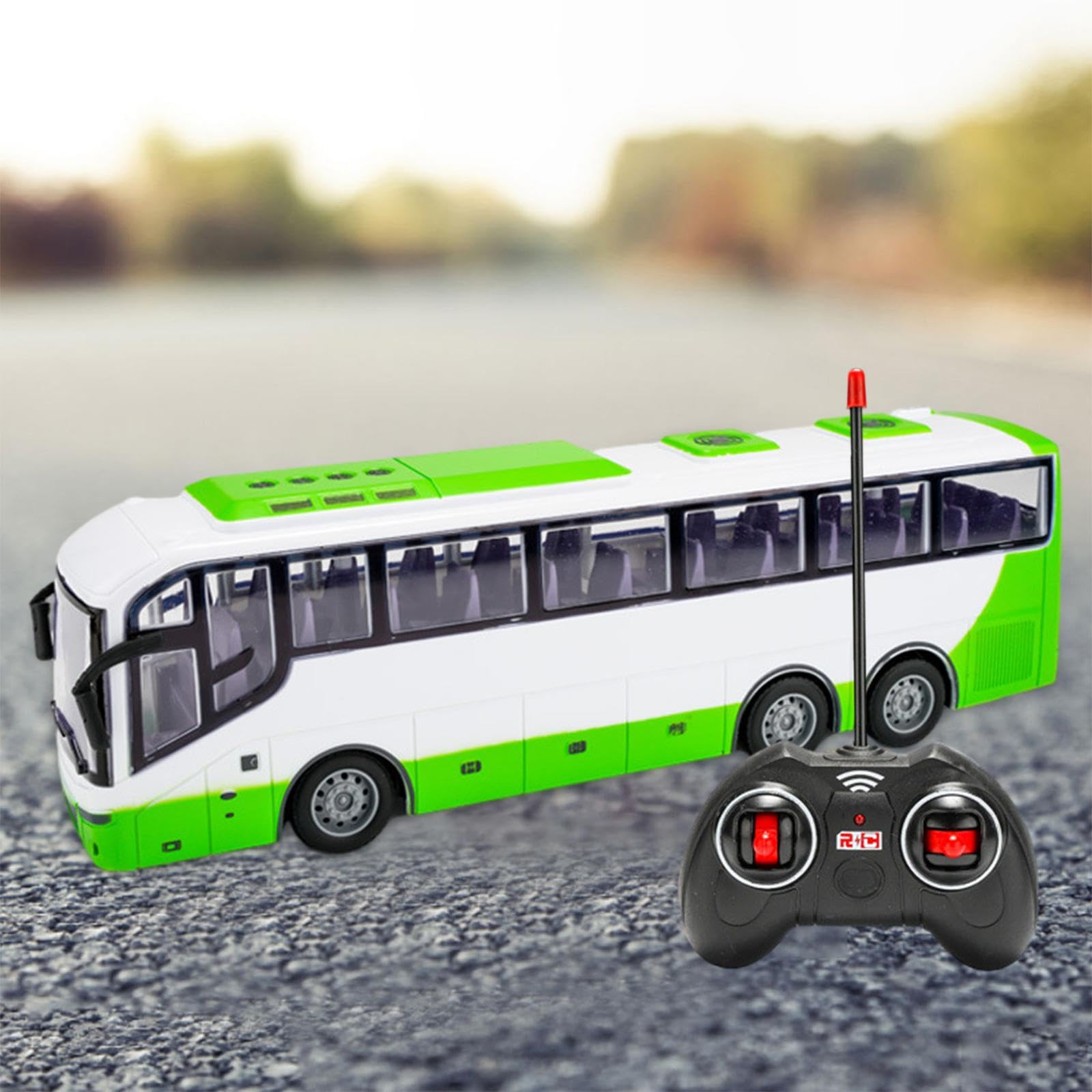 Autobús de Control Remoto Coche RC Vehículo Autobús de Ciudad Juguete RC con Luces LED Neumáticos de Goma Funciones Completa Y Alineación Ajustable Ad, Blanco Verde