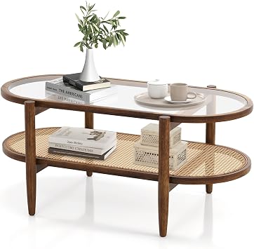 Tangkula Rattan Coffee Table, 40L Boho Oval Acacia Wood Cocktail Table with Tempered Glass Tabletop & PE Rattan Storage Shelf, 2-Tier Tea Center Table for Living Room Office Reception Boho, Brown