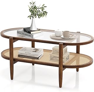 Tangkula Rattan Coffee Table, 40”L Boho Oval Acacia Wood Cocktail Table with Tempered Glass Tabletop & PE Rattan Storage Shelf, 2-Tier Tea Center Table for Living Room Office Reception (Boho, Brown)