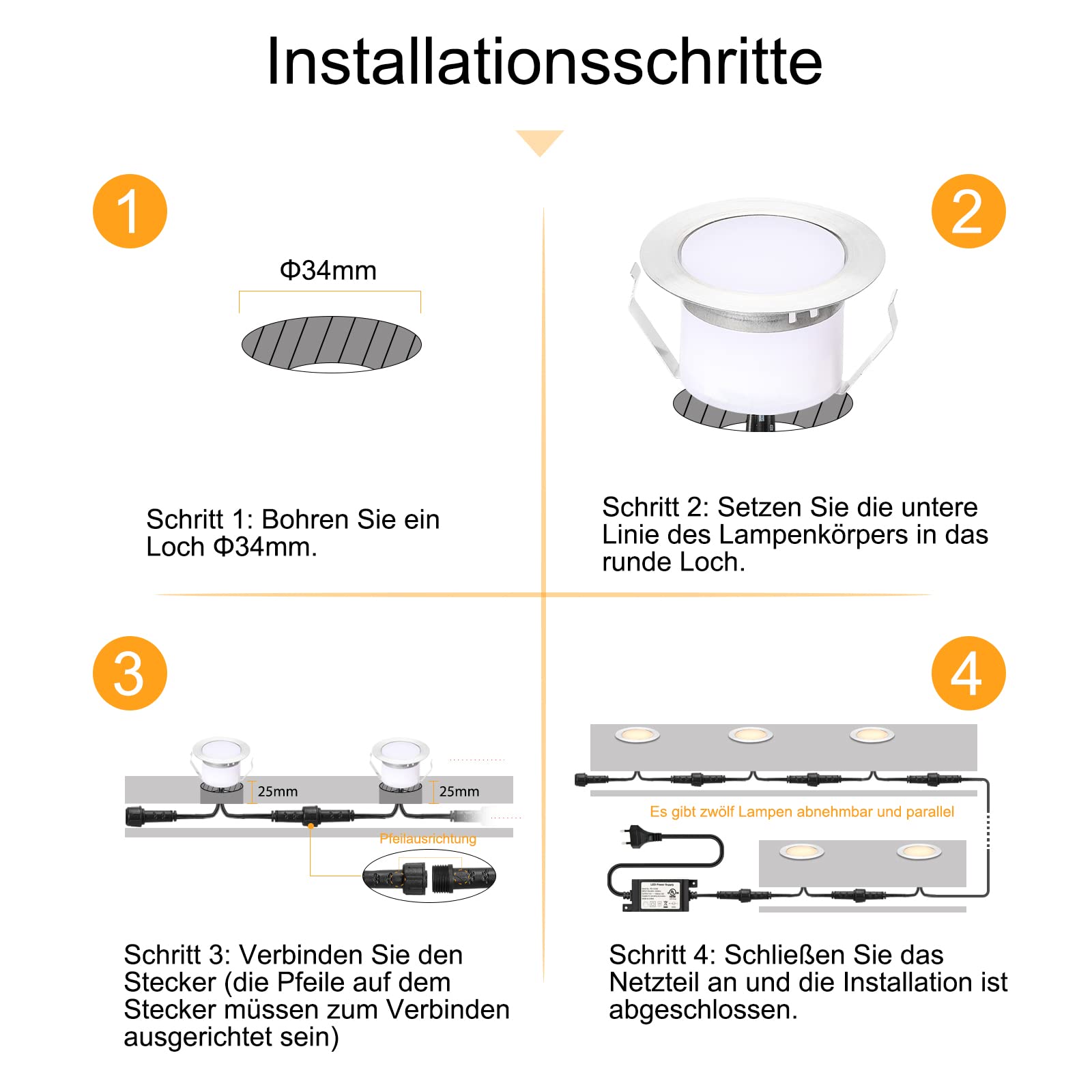 Set di 6 faretti da incasso a LED, per terrazze, esterni, DC12 V, diametro 45 mm, 1 W, luce bianca calda, 3000 K, IP67, per pavimenti esterni