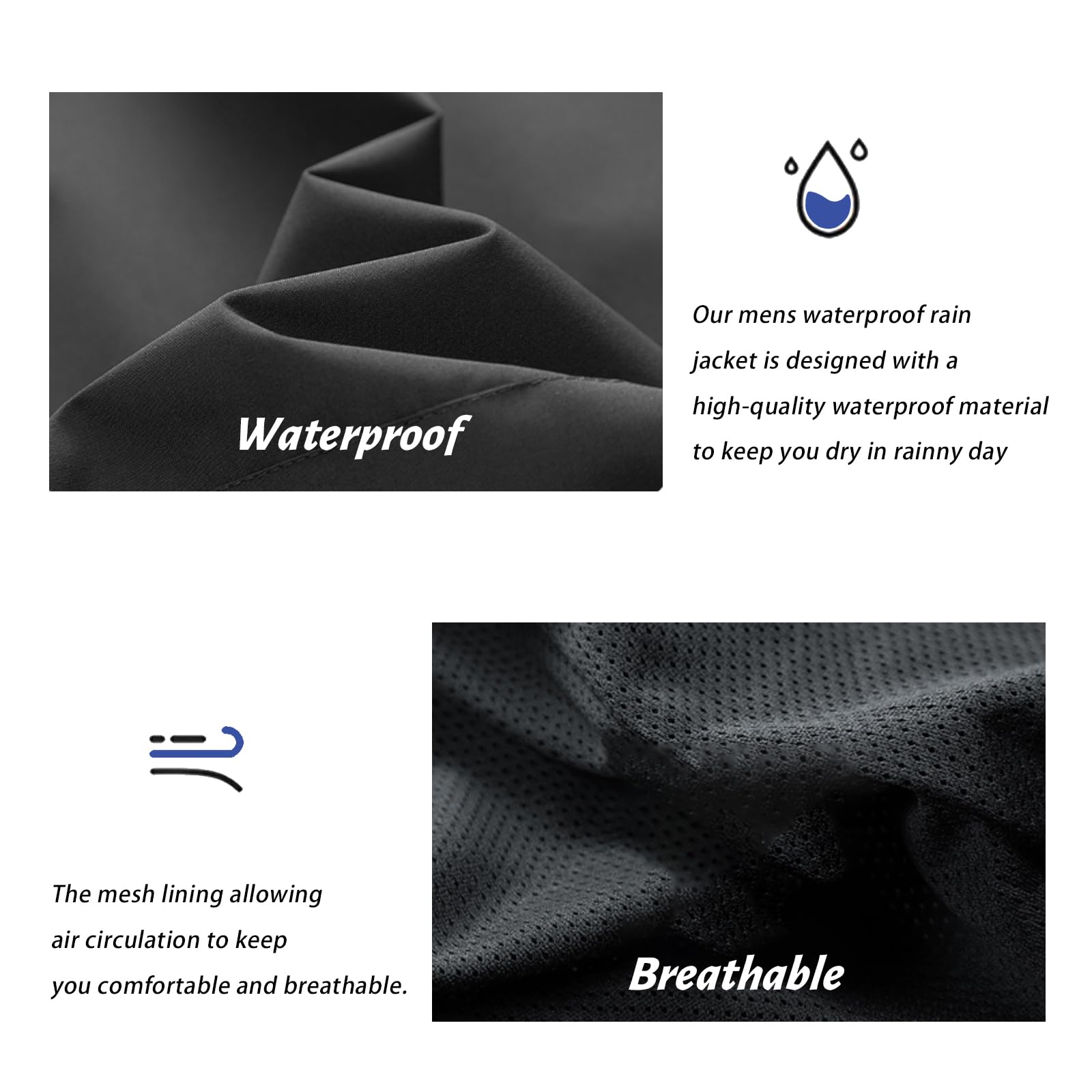 Impermeable para Hombre al Aire Libre Forro de Malla Transpirable Abrigo de Senderismo Traje de lluvia a Prueba de Viento con Capucha Desmontable y Bolsillo con Cremallera