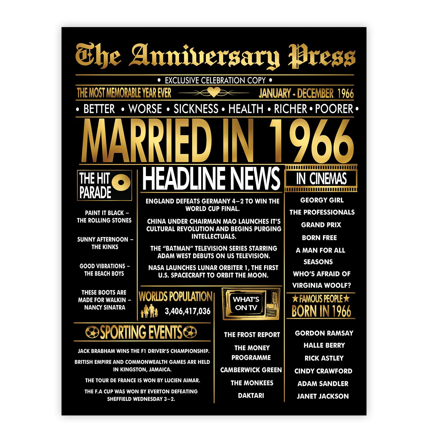 Stuff4 Men's 1966 Gold 60Th Anniversary Poster Unframed - Golden Married In Newspaper - 60 Wedding Anniversary For Wo Vintage Gifts Back In 8X10 Inch Anniversaries Posters