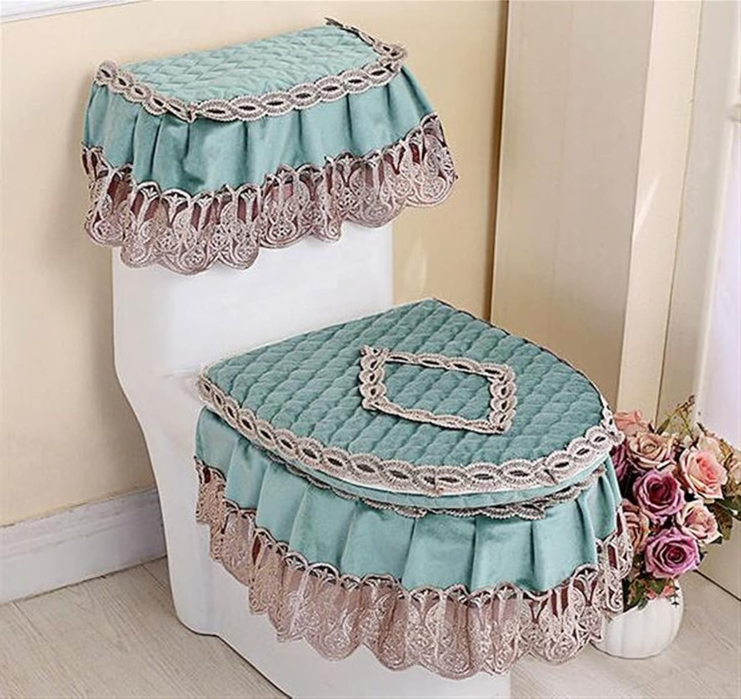 3pcs Toilet Seat Cover Set Winter Overcoat Toilet Case Fashion Warm Toilet Seat Cover Bathroom Lace Decoration Cover(Green)