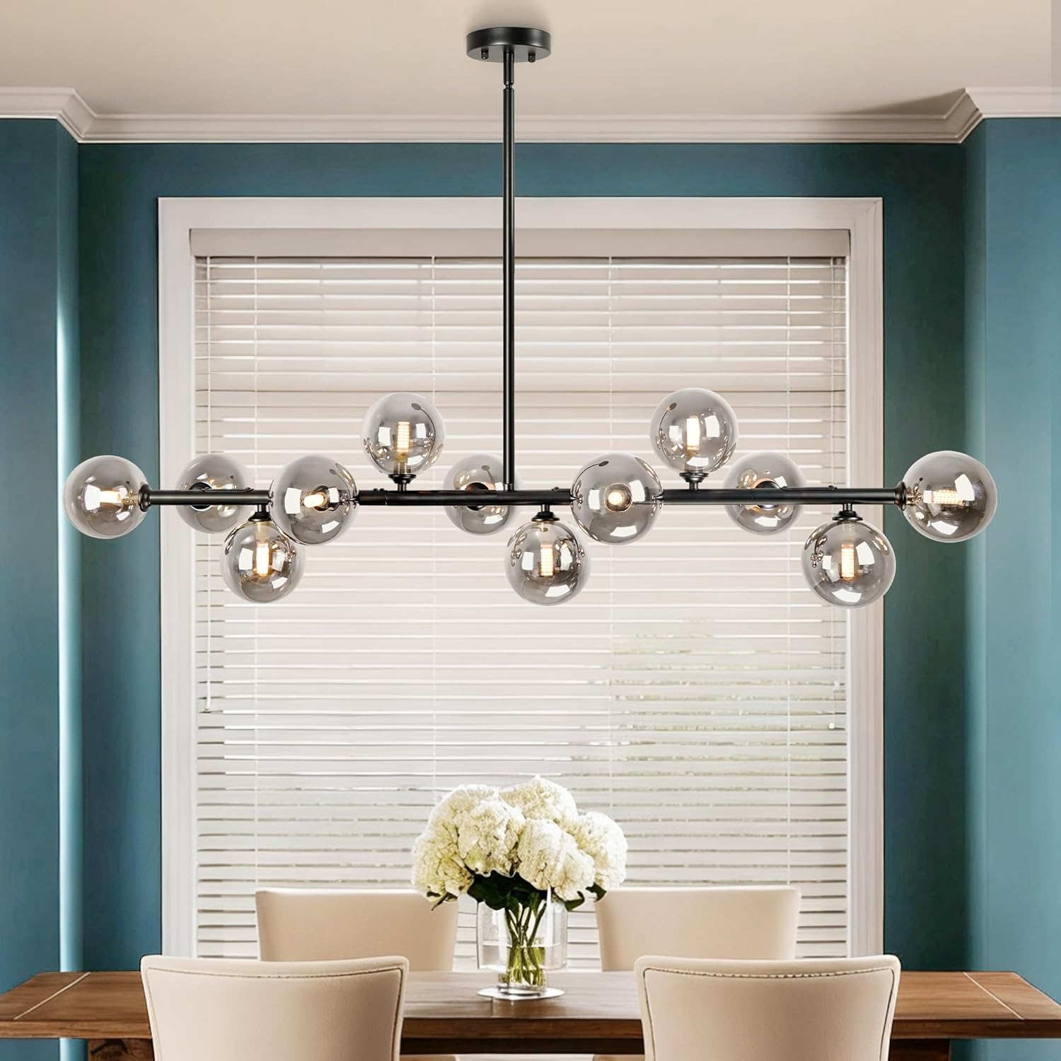 50.6 in Linear Chandeliers for Dining Room Modern Sputnik Linear Chandelier, 12 Light Black Dining Room Light Fixture with Smokey Gray Glass Globe Dining Light Fixture Kitchen Island Lighting