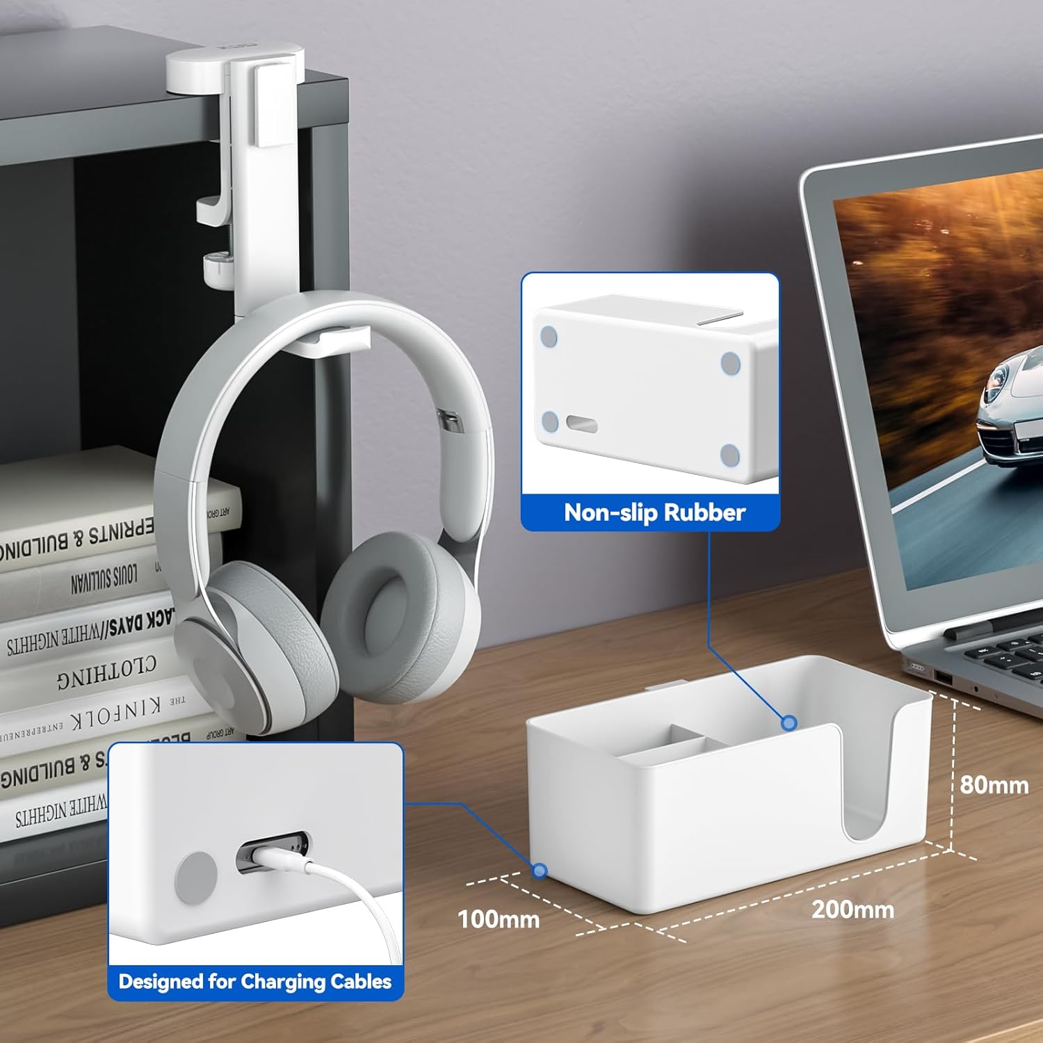 KDD 4-in-1 Desk Organizer - Under Desk Cup Holder and Headphone Hanger with 2 Wire Holes - Rotating Hanger and Detachable Storage for Cup, Phone and Pen (White)