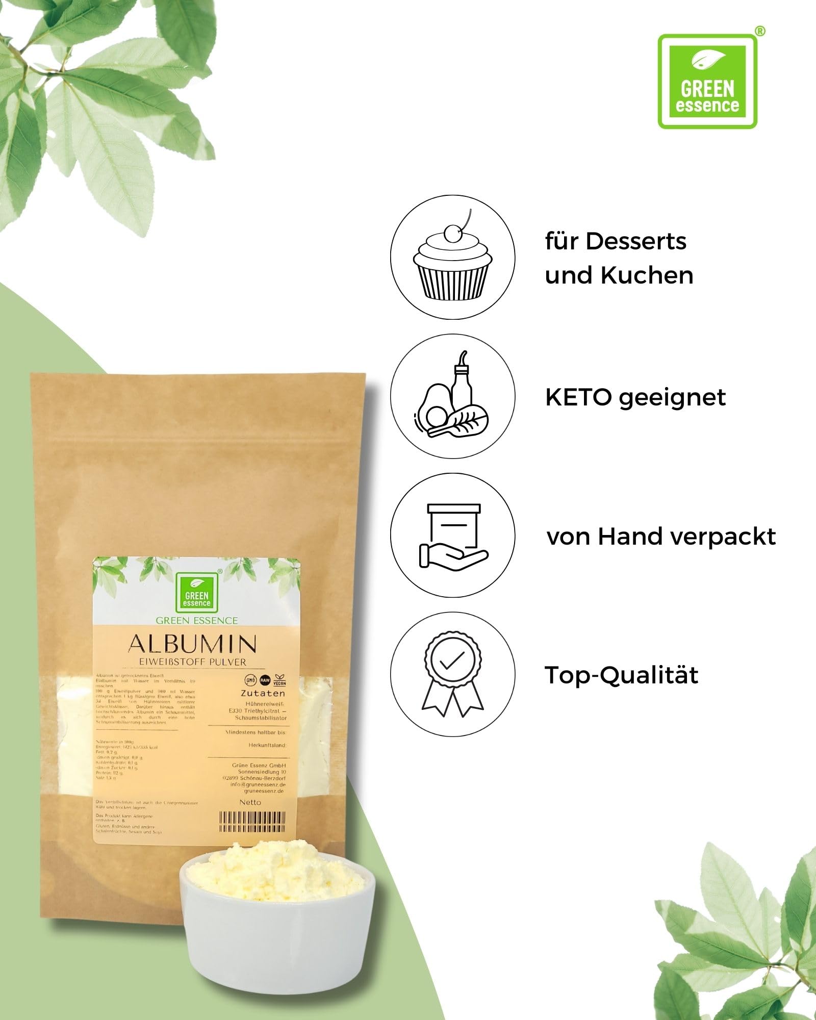 Albumin pulver Eiweißpulver 500g von der Grünen Essenz - Proteinpulver - Albumin getrocknetes und pasteurisiertes Eiweiß - Eiweiss protein Pulver (500 Gramm)