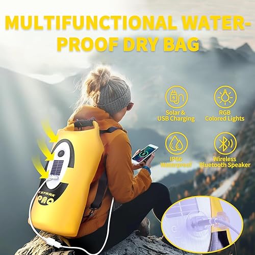 Miniatura 4 de Mochila solar seca de 10 L, altavoz Bluetooth integrado y LED (4 modos de iluminación), recargable solar o USB, impermeable IP66 flotante para