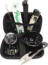 Kit Tabacaria Completo, 7 Peças com Estojo, Seda de Vidro, Tubinho, Mocó, Cuia, Tesoura, Dichavador 3 Partes, Seda King Size