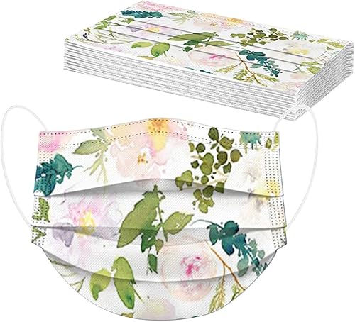 Miniatura 8 de Paquete de 50 mascarillas desechables florales para mujeres, 3 capas para adultos con diseños de flores para primavera y verano