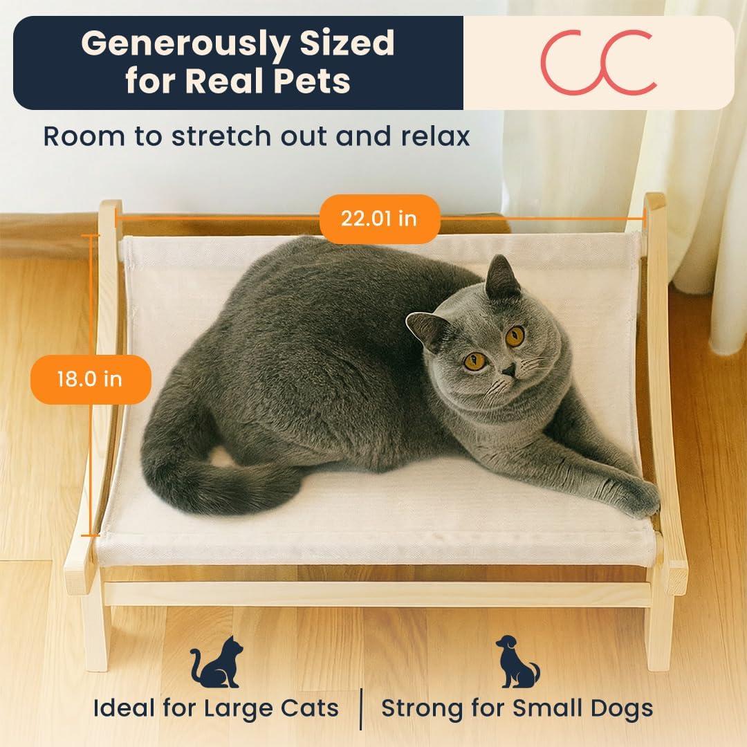 CallieCo Wooden Cat Hammock Bed Ivory for Indoor Outdoor Cats | Elevated Design, Premium Wood Frame, Breathable Fabric, Small Dogs, Modern Style