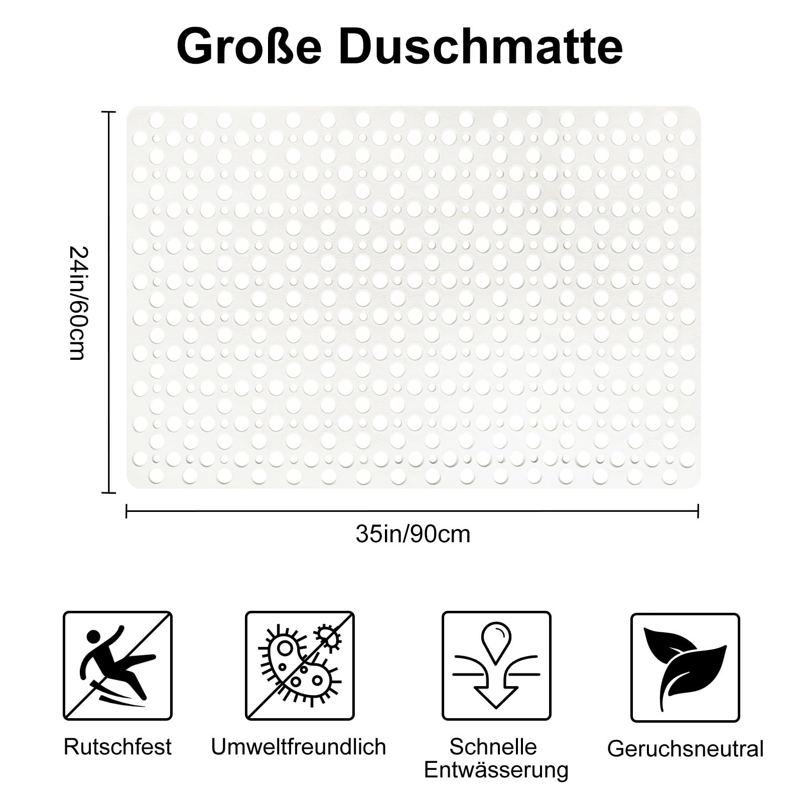 Alfombrilla de ducha antideslizante de 60 x 90 cm – Alfombrilla antideslizante para la ducha de material TPE suave con ventosas y grandes agujeros de drenaje, secado rápido y lavable a máquina