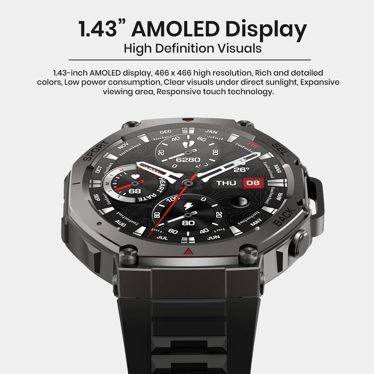 ATLAS GPS Smart Watch for Men, 1.43" Always-On AMOLED Display, Bluetooth Calling, Fitness Tracker, Heart Rate Monitor, Sleep Counter, Step Tracker Built‑In GPS, 5ATM Waterproof watch for Android & IOS