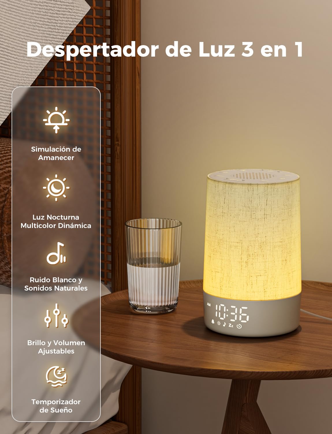 LIORQUE Despertador Amanecer, Despertador Luz Natural Simulación de Amanecer, 10 Niveles de Brillo y Modos de Luz, 30 Melodías Relajantes, Temporizador de Sueño, Función Alarma y Snooze
