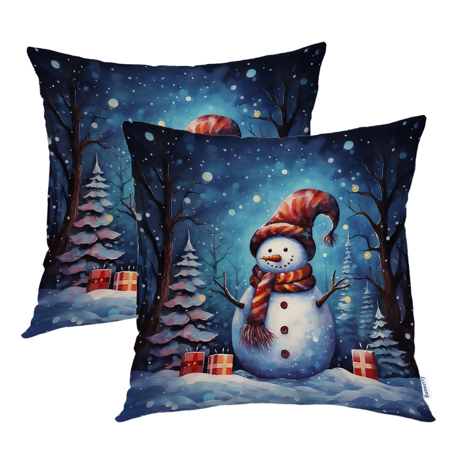 Batmerry Christmas New Year Throw Pillow Covers, Colorful Christmas Tree Snowman Snow Forest Decorative Pillow Covers Digital Print Blended Fabric for