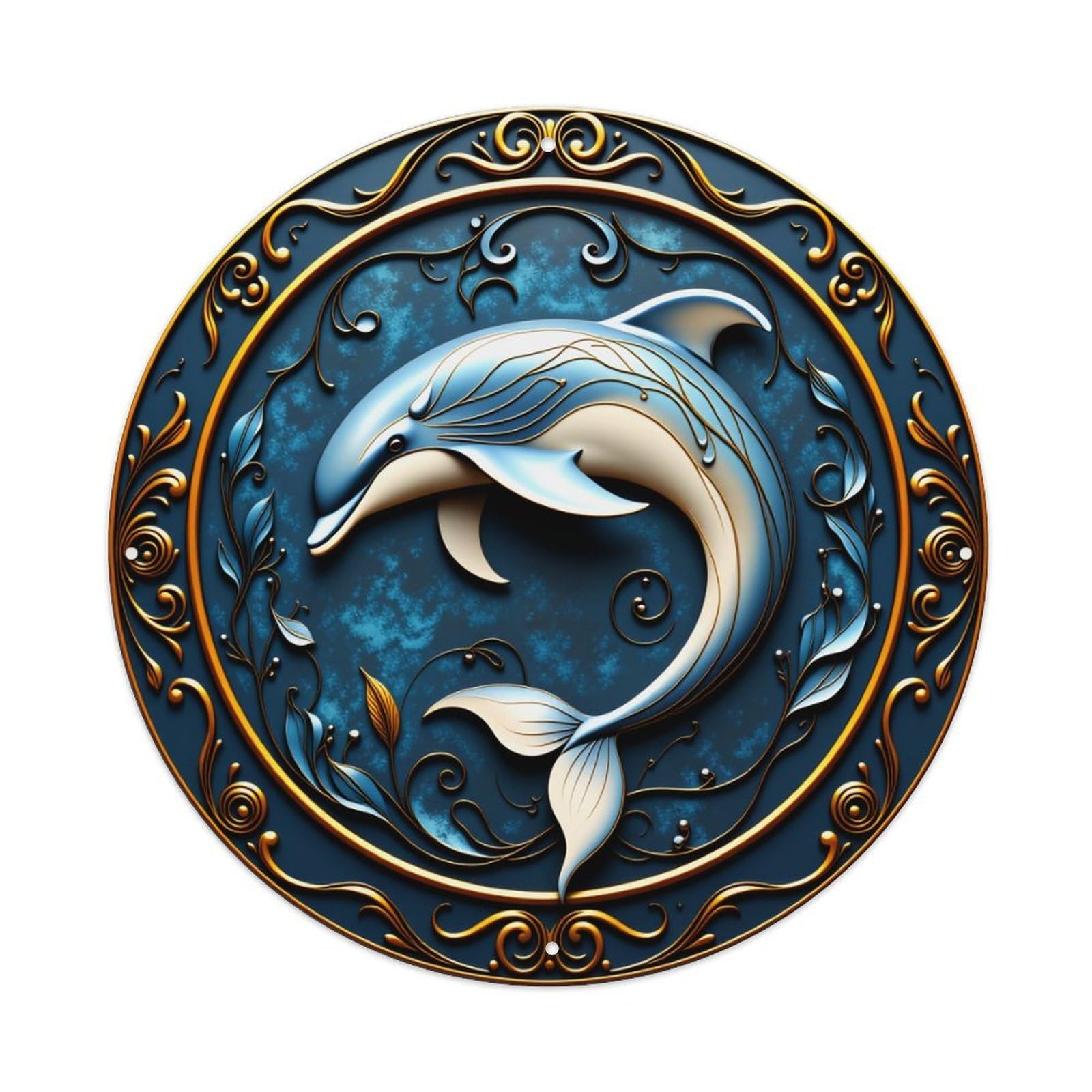 Dolphin Ornate Blue Circular Design Vintage Metal Tin Sign Retro Wall Decor for Home Bar Garage Cafe, Indoor & Outdoor Decorative，circle Metal Poster, 8x8 Inch