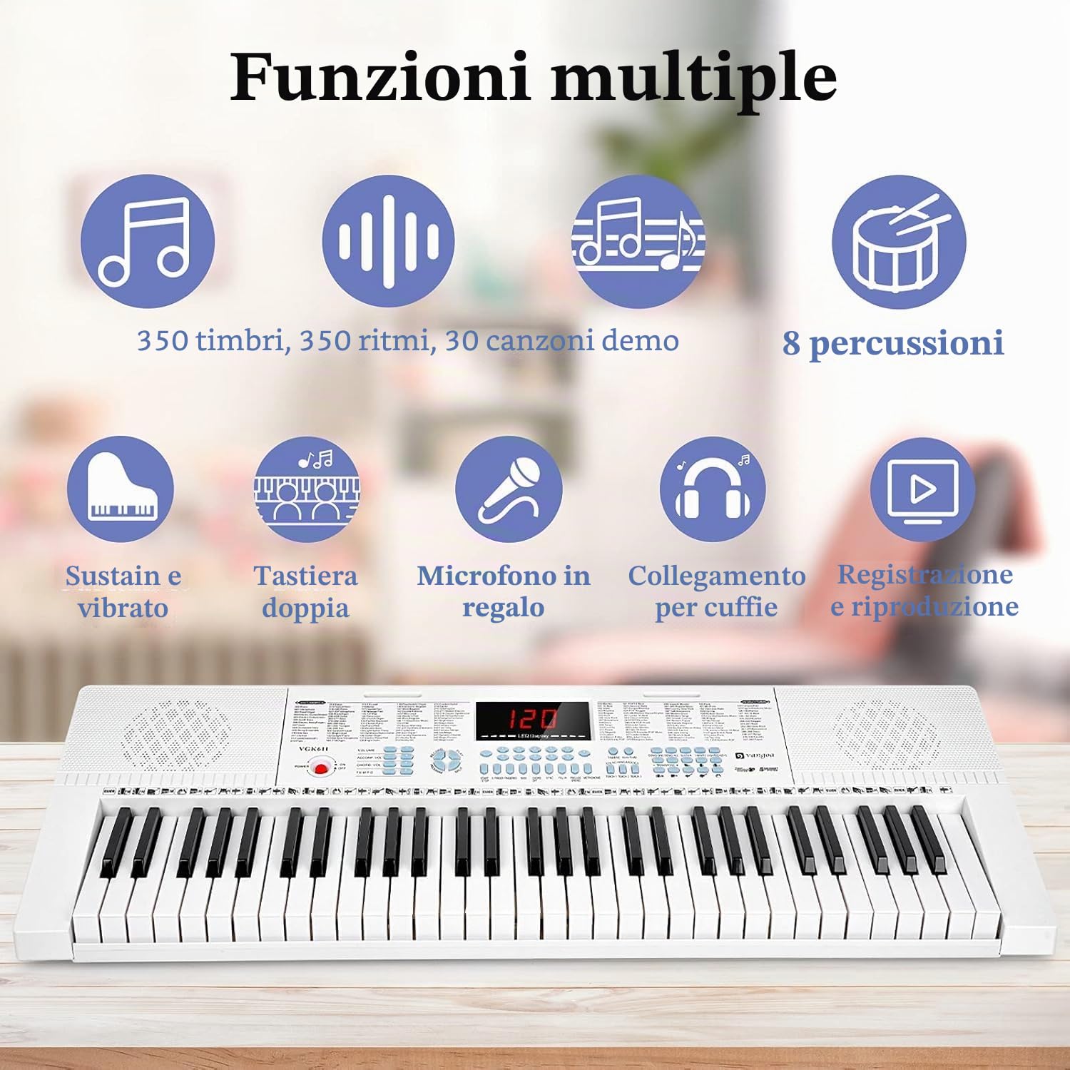 Vangoa tastiera pianola 61 mini tasti luminosi Tastiera per pianoforte elettronico con microfono, 3 modalità di insegnamento, 350 toni, 350 ritmi, 30 demo, bianco