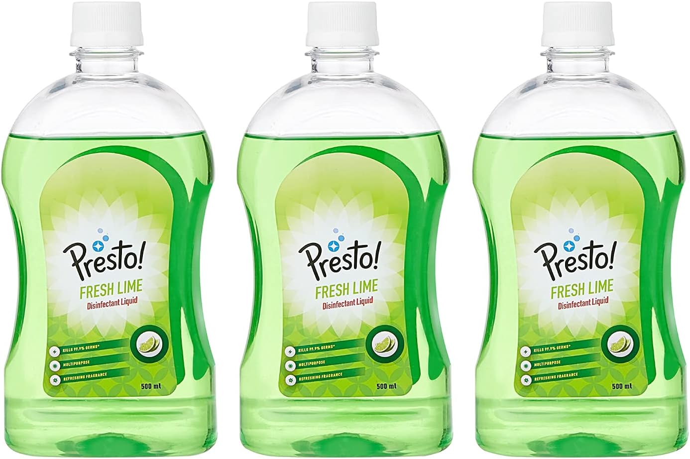 Amazon Brand - Presto! Disinfectant Liquid | Fresh Lime | 1.5 Litre | 500 ml x 3 Packs | Kills 99.9% Germs | Multipurpose | Safe for Home, Personal Care, Bathing, Shaving, Disinfecting Laundry